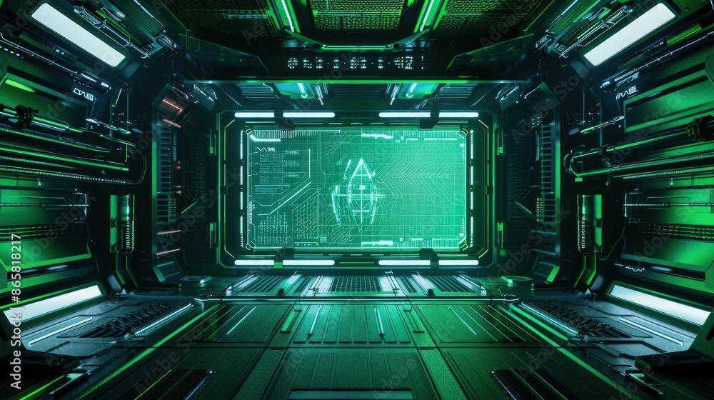 Poster a green room with a large screen in the middle. generate ai image