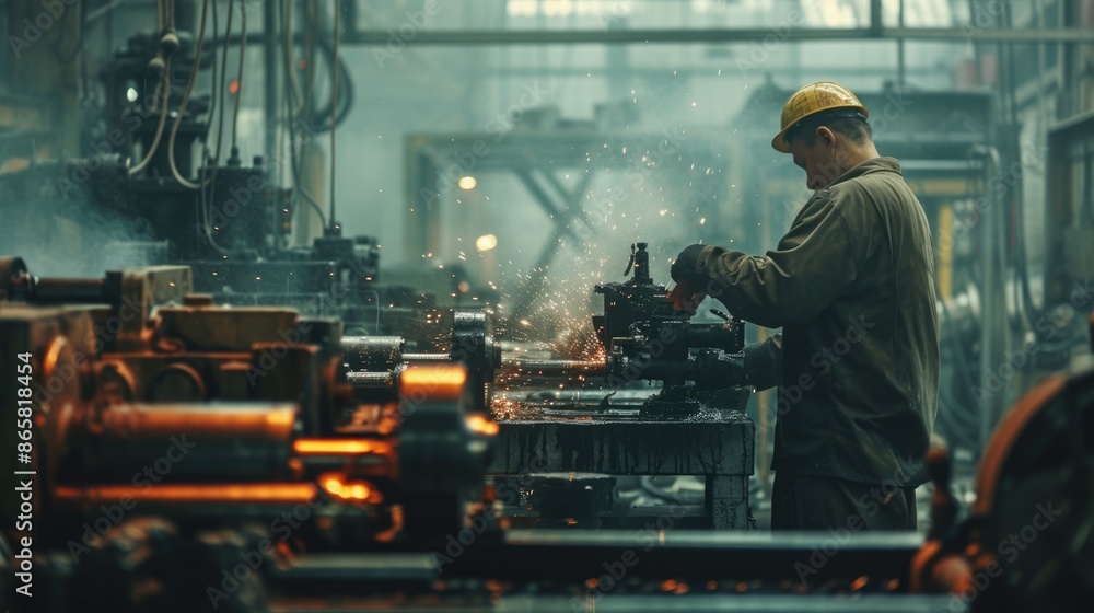 Poster smart engineer checking iron machine in factory while wearing safety helmet. professional industrial