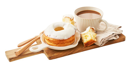 白いアイシングドーナツとカフェオレ