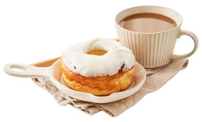 白いアイシングドーナツとカフェオレ