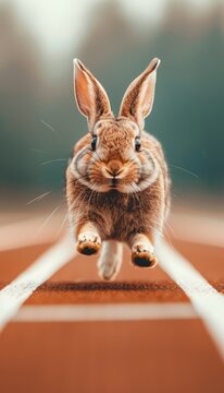 Adorable bunny rabbit leaping joyfully across a red track with a blurred background, capturing a sense of freedom and energy.
