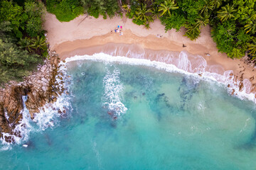 Amazing seascape view seashore and big waves crashing on rocks, Aerial view waves sea surface in...