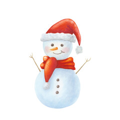 Cheerful snowman in red hat and scarf isolated on transparent background. Cute Christmas character. Hand drawn watercolor illustration. Clipart for design, cards, labels, invitations, congratulations