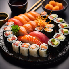 Vibrant display of sushi delicacy, an emblem of traditional Asian gastronomy