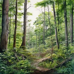 AI Image Generator, Close-up of ferns in a misty forest.