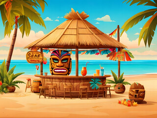 Fototapeta premium Tiki Bar on a Summer Beach: A Wooden Hut with Tribal Masks, Drinks, and Snacks in a Modern Cartoon Tropical Landscape