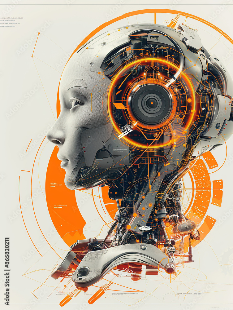 Poster a digital illustration of an ai robot head with a futuristic design, surrounded by circular orange a