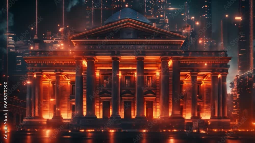 Poster this hologram-enhanced digital image of a grand bank with columns. futuristic finance visualization