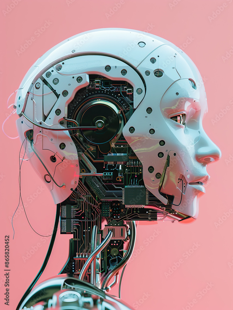 Poster a profile of an ai robot head with circuitry visible against a pink background in a photo realistic 