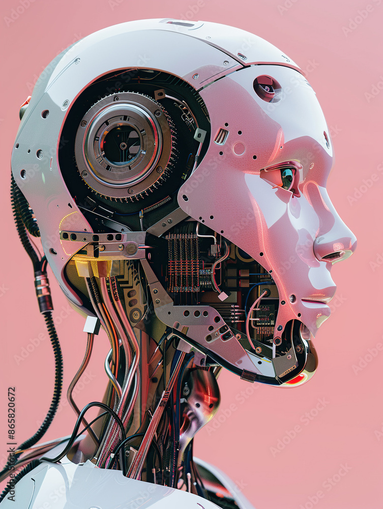 Poster a profile of an ai robot head with circuitry visible against a pink background in a photo realistic 