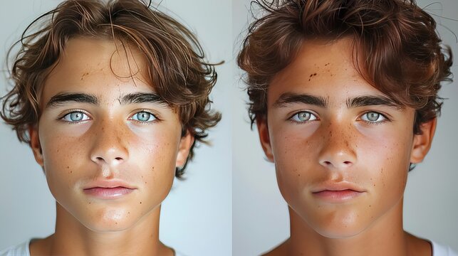 Before and after results of a man with jawline surgery, submental liposuction and rhinoplasty for plastic surgery