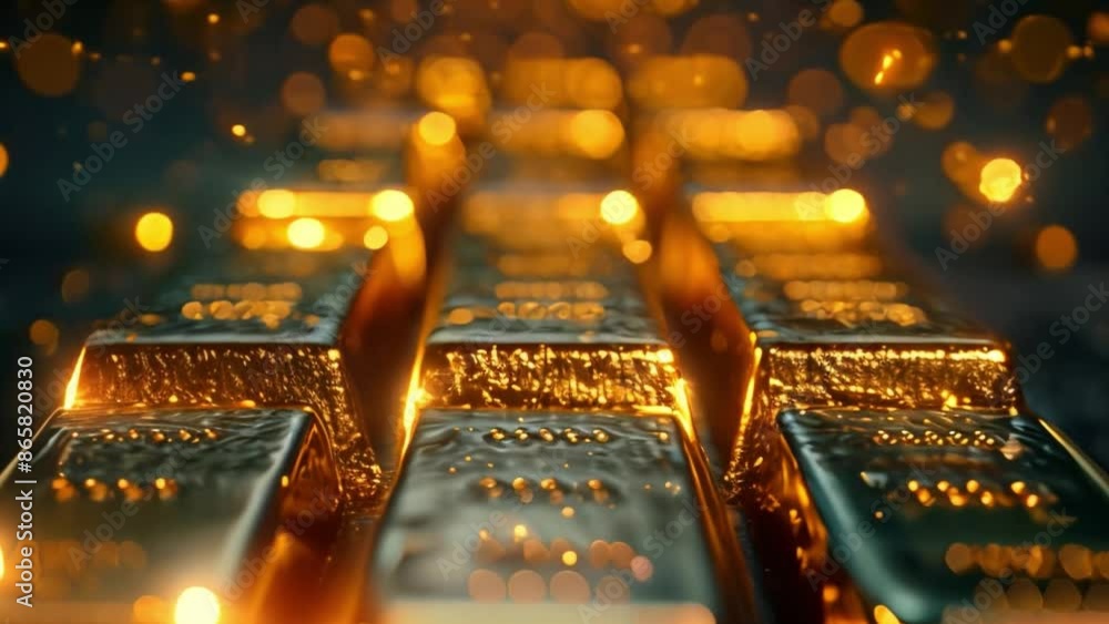 Poster this shiny gold bars stacked in a row with bokeh lights. funding concept