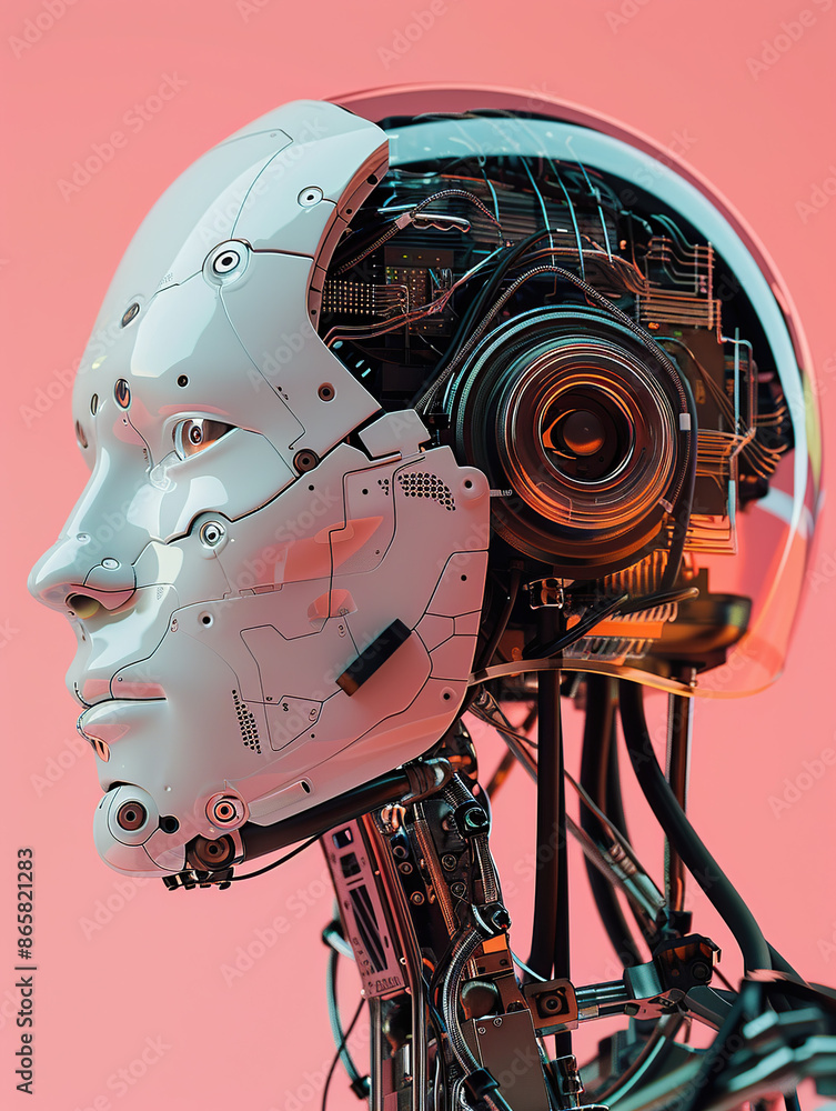 Poster a profile of an ai robot head with circuitry visible against a pink background in a photo realistic 