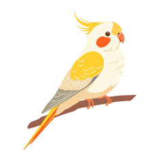 Illustration of a yellow and white cockatiel sitting on a branch, showcasing its colorful plumage against a transparent background.