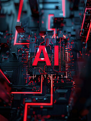 A red "AI" logo in the center of an industrial background with circuitry and digital elements