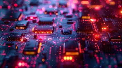 Fototapeta premium Futuristic tech background: circuit board patterns, digital elements, and modern color palette.