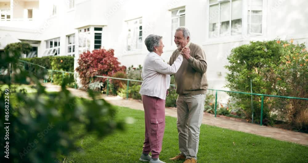 Poster Dancing, elderly man and woman in garden for love, retirement and pride for date together. Senior couple, happiness and connection in backyard of nursing home or nature for anniversary and wellness