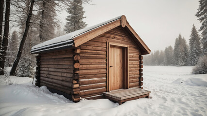 Wooden bathhouse, sauna in a snowy forest.