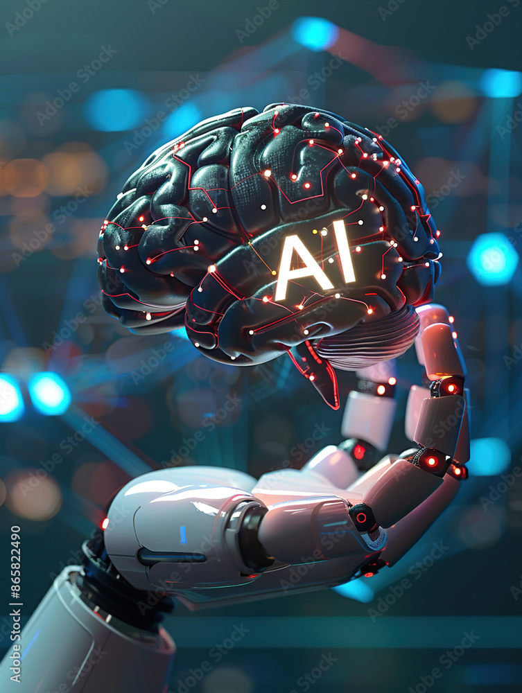 Poster a white robot hand with glowing blue holographic text 