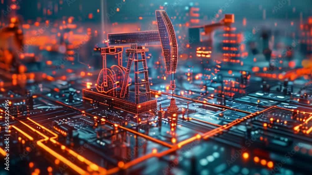 Poster this 3d rendering of an oil rig on a circuit board. funding concept