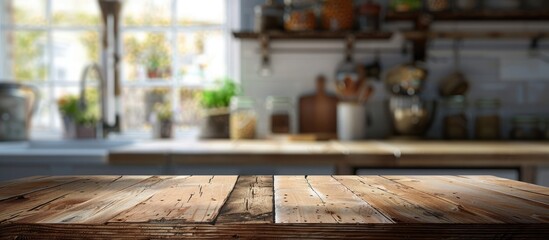Blurred background of a kitchen window shelves against an empty textured wooden table