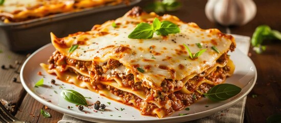 Homemade Italian lasagna with bolognese meat sauce, cheese, and basil on a white plate in a close-up shot.