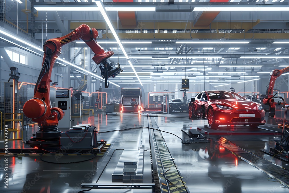Poster modern car factory with robotic arms assembling vehicles on an assembly line. concept of automation,