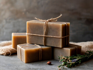 A rustic, farmhouse-style soap with a rough, handmade look, natural ingredients, and simple wrapping.