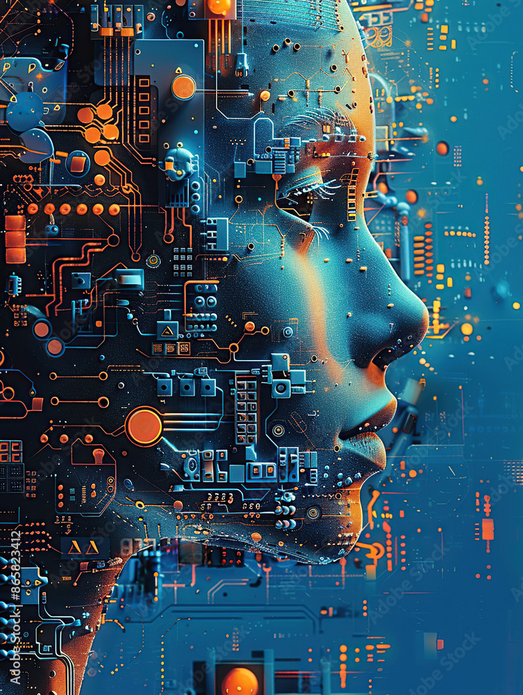 Aufkleber artificial intelligence, close-up of the face of an ai robot woman made up with circuitry and microc