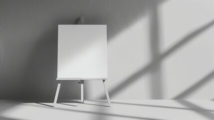 Blank white canvas on wooden easel in sunlit room, minimalist art studio with empty space for creative design, message or presentation.