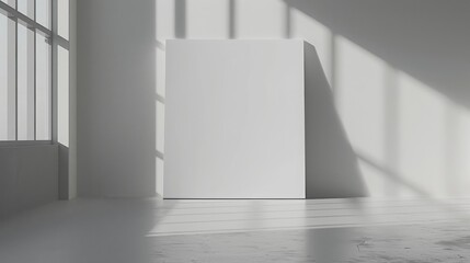 Blank canvas standing in naturally lit white room, minimalist art gallery space with sunlight and shadows. Concept of exhibition, creative display, and art presentation.