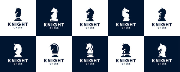 black horse knight logo collection, chess game, competition strategy, logo graphic design.