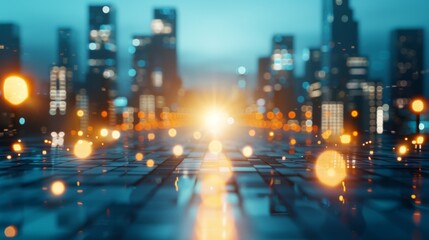 Fototapeta premium Abstract cityscape at dusk, with bokeh lights and skyscrapers in the background, creating a futuristic and vibrant urban scene.