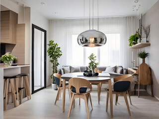 Fototapeta premium Modern Urban Apartment Dining Room Interior: A Stylish and Contemporary Space