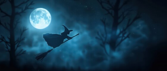 3D witch flying on a broomstick with a full moon, spooky night sky