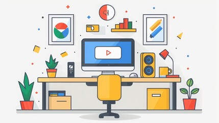 Modern home office setup with computer, desk, chair, and office supplies. Concept of remote work, freelance, online learning, and productivity.