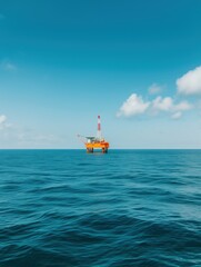 Obraz premium An offshore oil rig is situated in the middle of a vast ocean under a bright blue sky with scattered clouds.