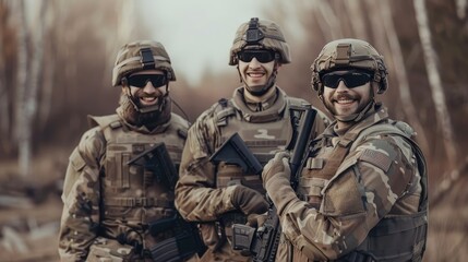 Fototapeta premium Three smiling soldiers in camouflage posing with guns in a forest. Concepts. military, army, war, combat, veterans, brotherhood, teamwork.