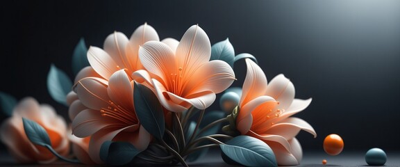 Flowers Lilies Orange Pink Petals Stems Leaves Blue Spheres Droplets Art Nature Vibrant Surreal Background Wallpaper