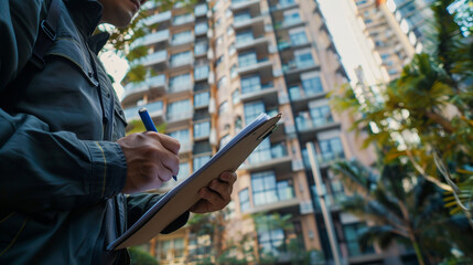 male contractor writing job list on clipboard, slightly blurred tall building background, Ai Generated Images
