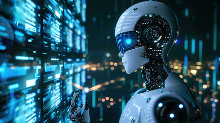 The AI robot looks at the smart screen