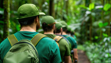 Fototapeta premium A group of ecologists feeling united while conducting field research in a rainforest, Unity, Ecological Fieldwork