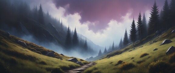 Mountainous Landscape Dense Forest Misty Valley Stone Pathway Vibrant Sky Tall Pine Trees Lush Green Meadows Rocky Terrain Serene Ambiance Background Wallpaper