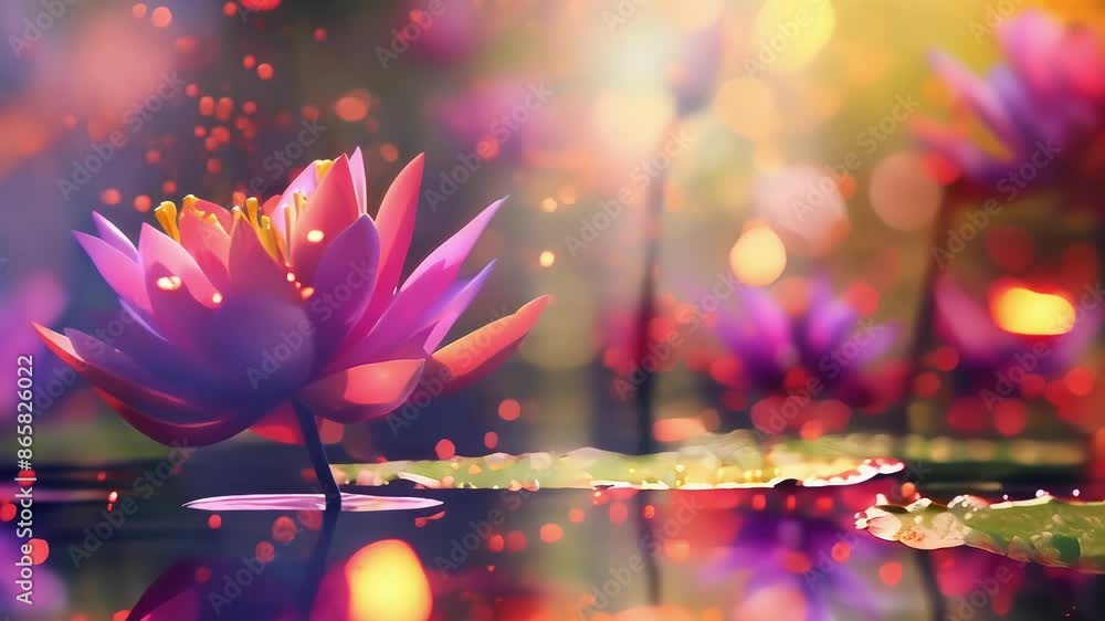 Poster a burst of colorful petals erupting from the gleaming lotus pond creating a dazzling explosion.
