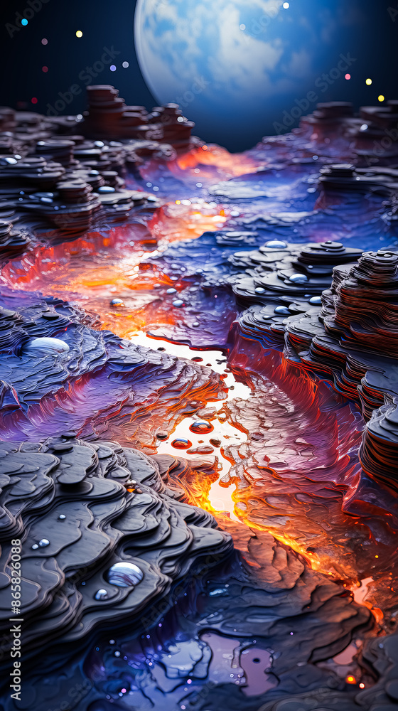 Poster a lava flow is depicted in a space scene with a large planet in the background