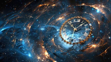 Space and Time. Abstract Clock Face Against Cosmic Background