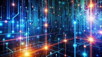 Naklejka premium Abstract futuristic digital background with binary code streams, glowing circuits, and neon lights, symbolizing secure data transfer and network connection.