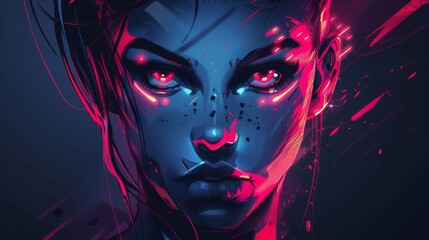 Naklejka premium Cyberpunk Woman with Glowing Eyes in Neon Lights. A Digital Art Portrait