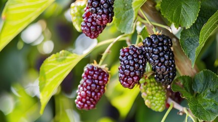 Ripe mulberry hanging from a tree