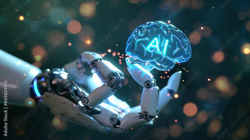 Poster a white robot hand with glowing blue holographic text 